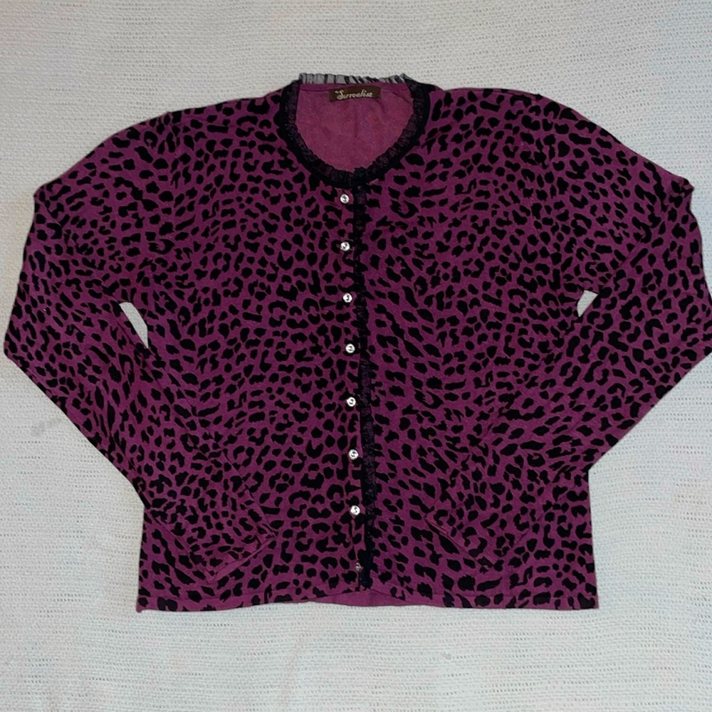 Leopard Print Maroon & Black Cardigan with Ruffle and Rhinestone Buttons Size M